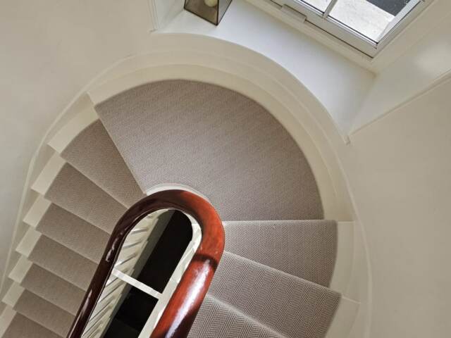 Kersaint Cobb Wool Cascade Light Cloud carpet installation in Marylebone