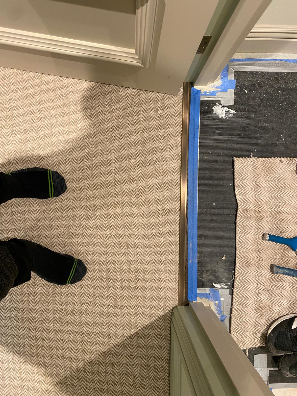 Likewise London Herringbone Chalk carpet installation in-8
