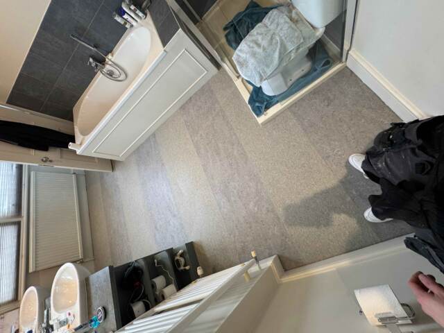 Marmoleum Terra Alpine Mist & Real Dove Blue installation in Chiswick