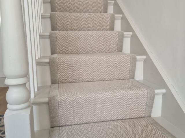 Fibre Flooring Flatweave Classics Herringbone Chalk carpet installation in Hammersmith