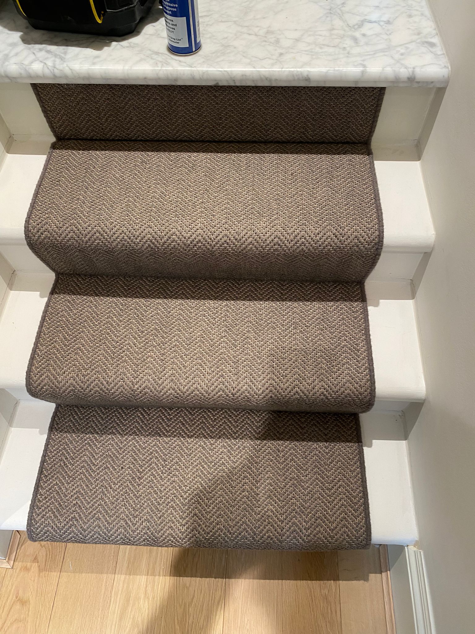 Likewise London Herringbone Bronze carpet installation_3