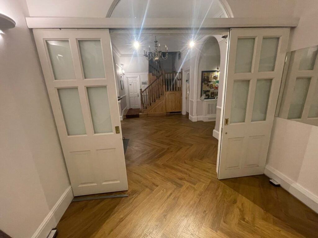 Amtico Form Carved Oak In Herringbone Design In Canary Wharf - Luxury Vinyl Tile (LVT) Flooring - Canary Wharf - Commercial