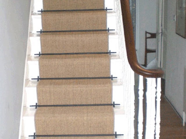 Sisal Carpet Laid As Runner With Stair Rods - Carpet - Residential